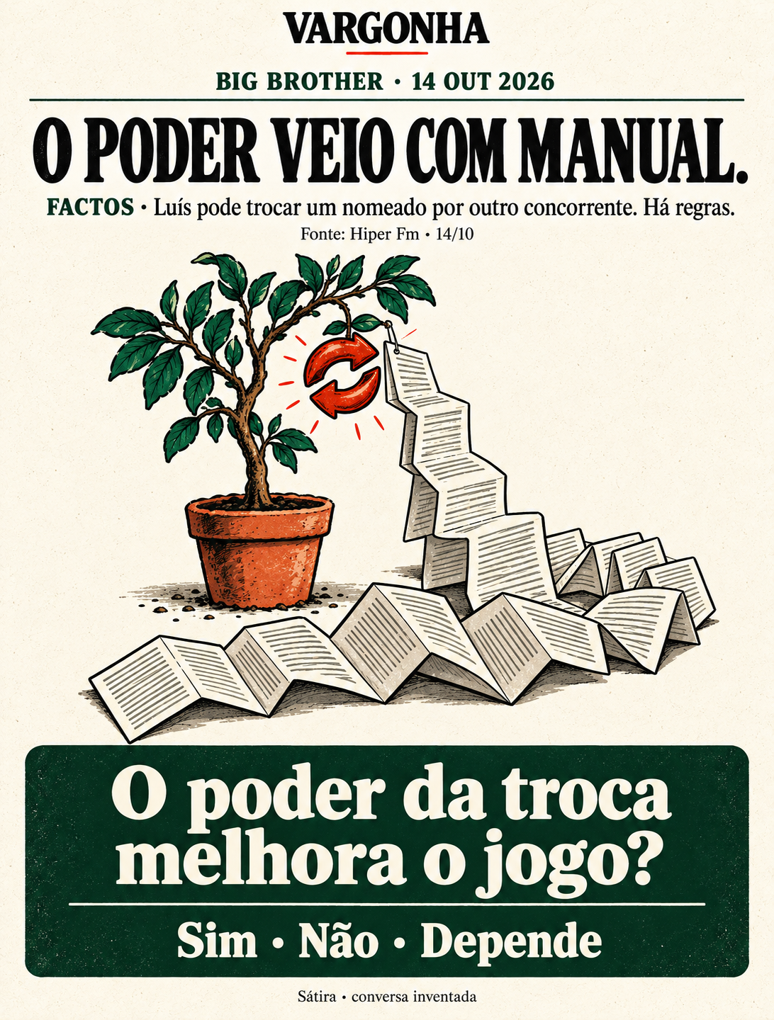 Cartoon inventado: uma árvore dá um fruto em forma de setas de troca, acompanhado por um manual enorme. Contexto com fonte e pergunta: O poder da troca melhora o jogo?