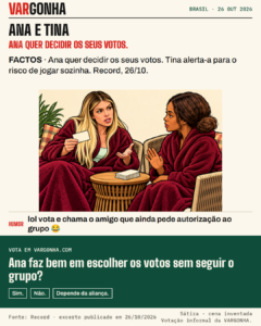 Cartoon de Ana, de cabelo louro e robe cor de vinho, e Tina, de cabelo preso e robe cor de vinho, a conversar junto de cartões de voto em branco. Metáfora desenhada; não é uma fotografia.