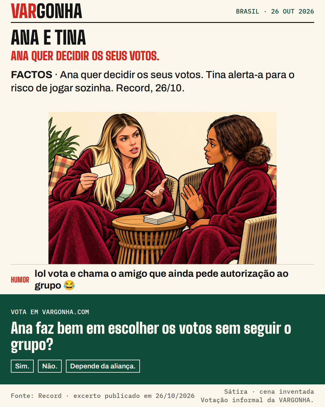 Cartoon de Ana, de cabelo louro e robe cor de vinho, e Tina, de cabelo preso e robe cor de vinho, a conversar junto de cartões de voto em branco. Metáfora desenhada; não é uma fotografia.