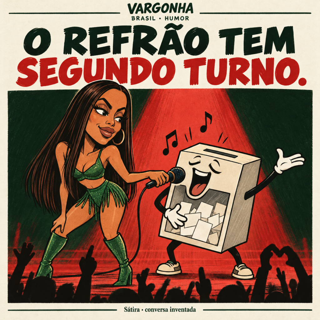 Caricatura satírica de Anitta com um microfone diante de uma urna desenhada a cantar; cena inventada.