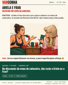 Caricatura de Ariela Carasso, de cabelo castanho preso e top escuro, e Fran Almeida, de camisola rosa e gorro de urso, a gesticular junto de dois copos numa mesa de cabeceira. Cena desenhada, não um fotograma real.