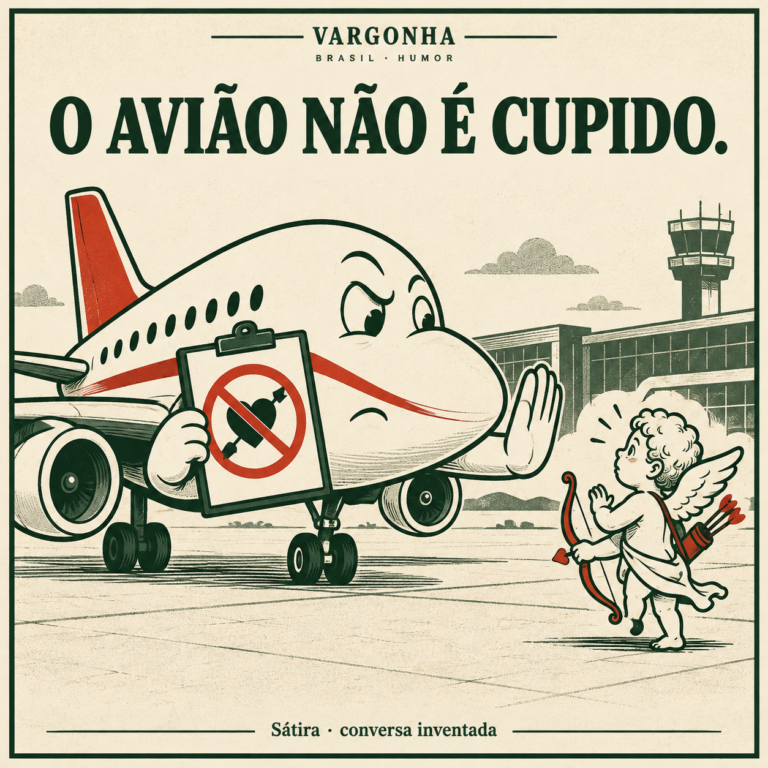 Cartoon inventado: um avião recusa a entrada de Cupido e mostra um coração riscado.