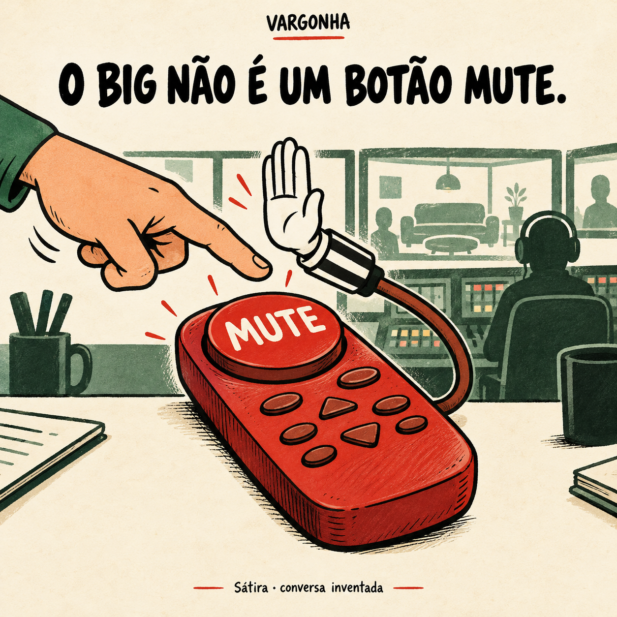 Cartoon inventado: uma mão sai do cabo do comando e impede que outra carregue no botão mute.