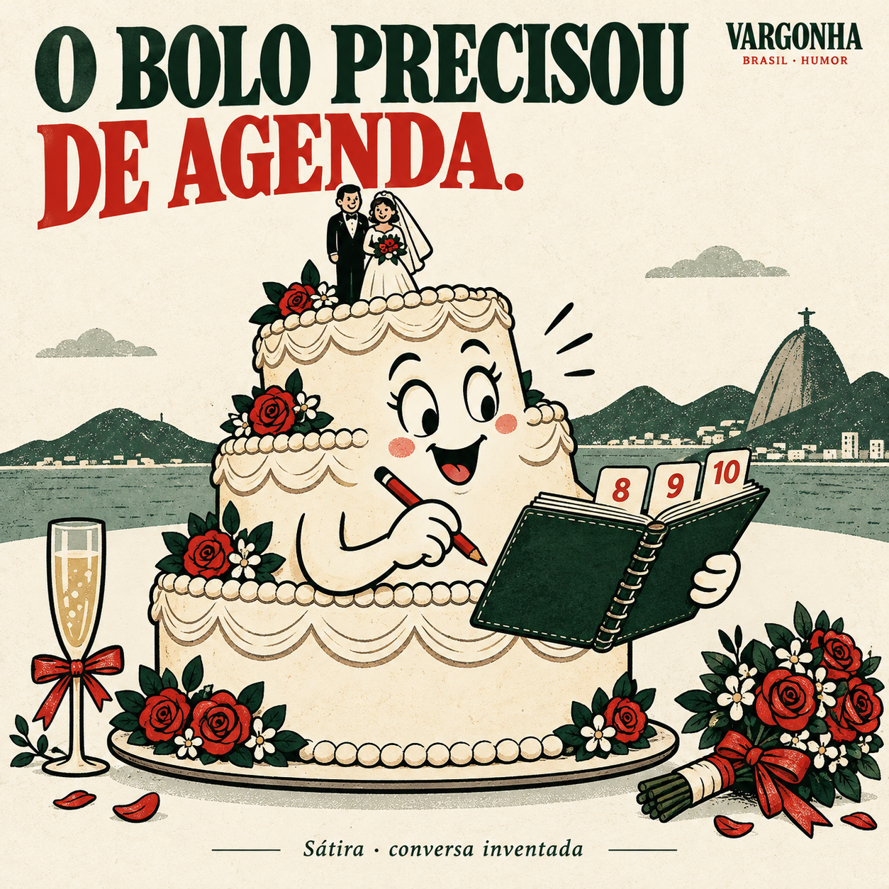 Cartoon inventado: um bolo de casamento consulta uma agenda com os dias 8, 9 e 10, com o Rio ao fundo.