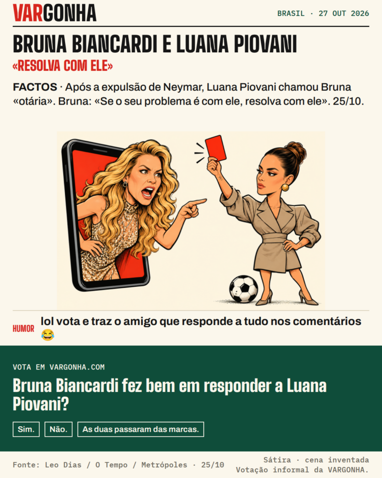 Cartoon de Luana Piovani, de cabelo loiro ondulado, a sair de um ecrã de telemóvel a apontar e a gritar, e Bruna Biancardi, de cabelo apanhado e casaco bege, a mostrar-lhe um cartão vermelho, com uma bola de futebol aos pés. Metáfora desenhada; não é uma fotografia.