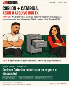 Cena inventada: Carlos Sousa e Catarina Miranda discutem num sofá com um arquivo de ex-relacionamentos entre os dois.