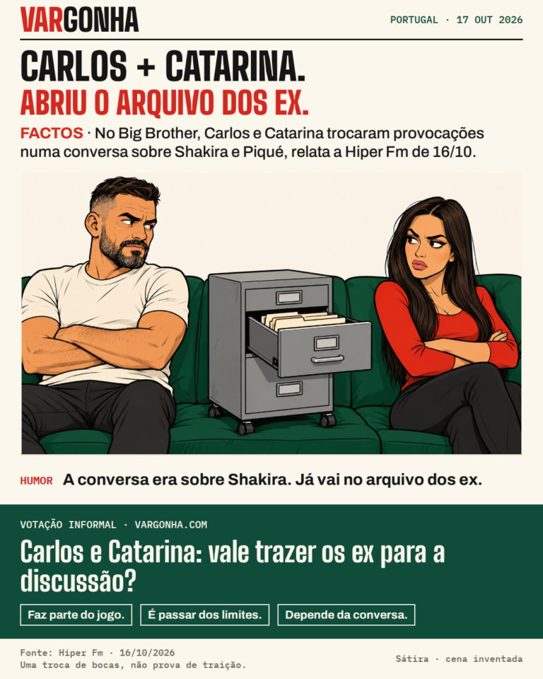Cena inventada: Carlos Sousa e Catarina Miranda discutem num sofá com um arquivo de ex-relacionamentos entre os dois.