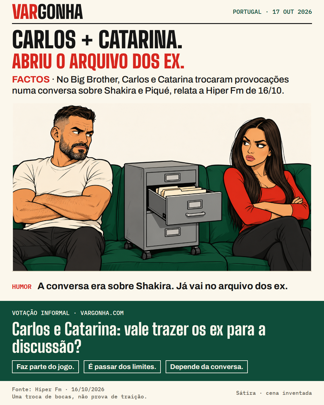 Cena inventada: Carlos Sousa e Catarina Miranda discutem num sofá com um arquivo de ex-relacionamentos entre os dois.