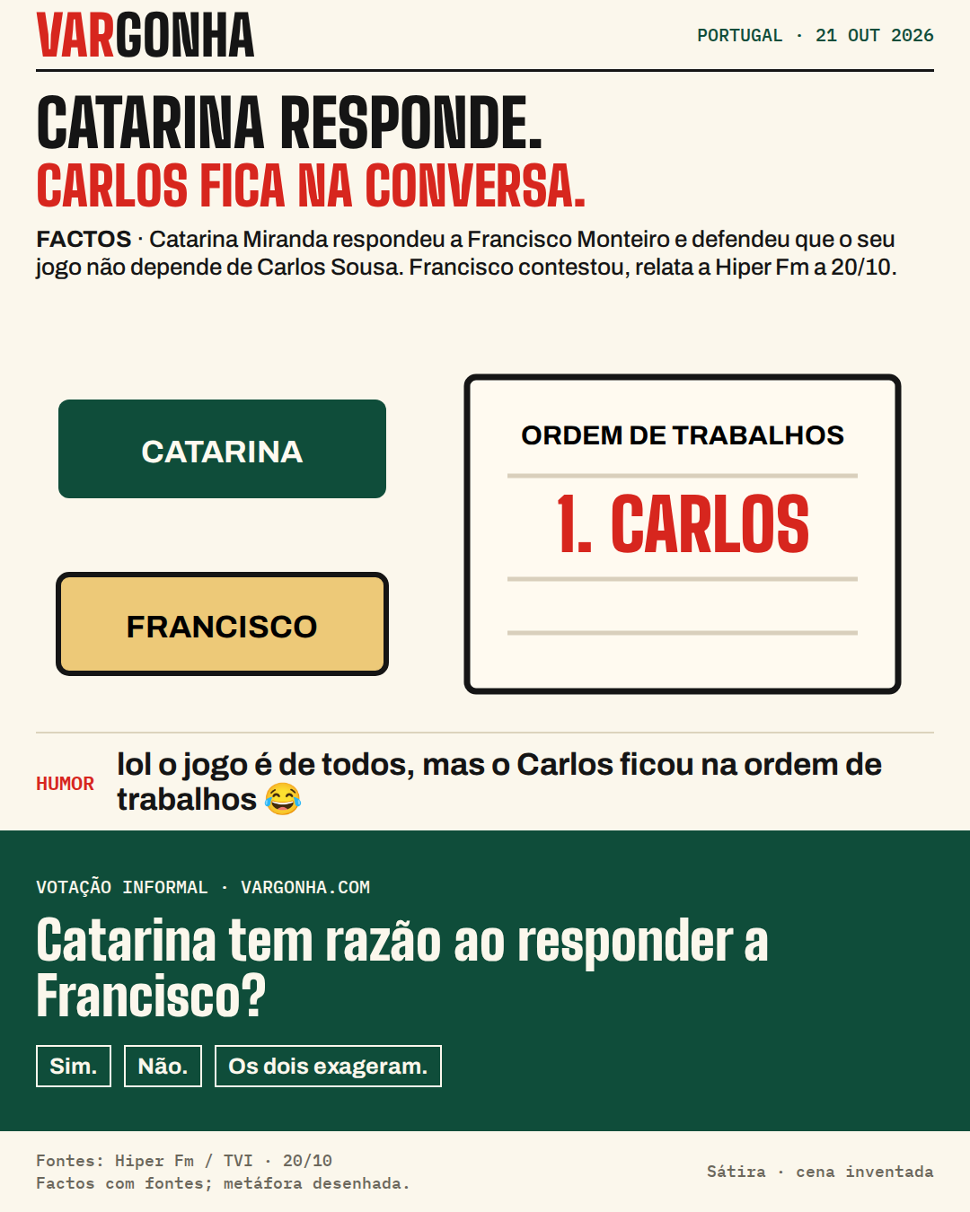 Ilustração satírica com cartões Catarina e Francisco e uma ordem de trabalhos inventada com o nome Carlos.