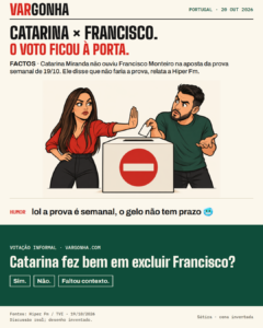 Cartoon satírico de Catarina Miranda e Francisco Monteiro com uma urna inventada e um sinal de entrada proibida.