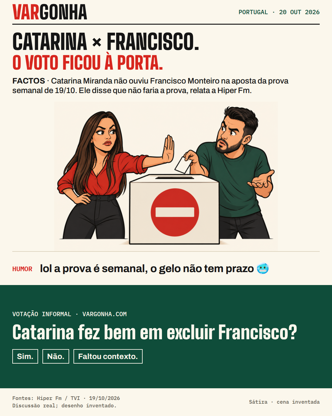 Cartoon satírico de Catarina Miranda e Francisco Monteiro com uma urna inventada e um sinal de entrada proibida.
