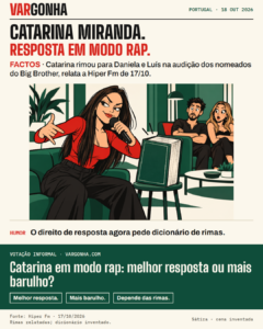 Cena inventada: Catarina Miranda canta num microfone; um dicionário acompanha a discussão na casa.