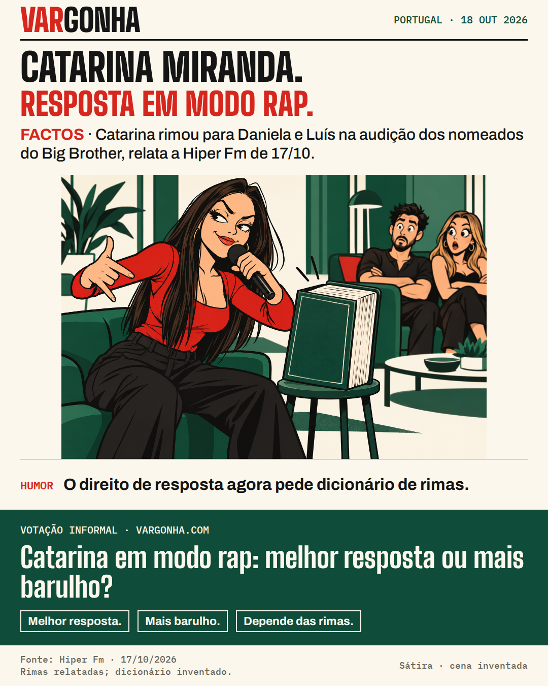 Cena inventada: Catarina Miranda canta num microfone; um dicionário acompanha a discussão na casa.