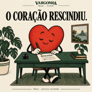 Cartoon inventado: um coração calmo assina um papel de rescisão numa secretária verde.