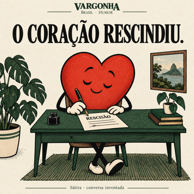 Cartoon inventado: um coração calmo assina um papel de rescisão numa secretária verde.