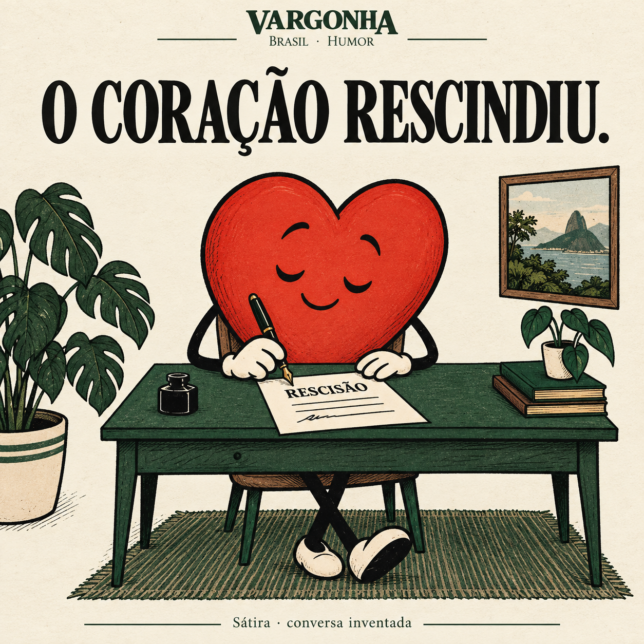 Cartoon inventado: um coração calmo assina um papel de rescisão numa secretária verde.