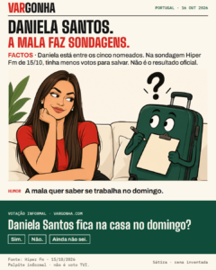 Cartoon inventado: Daniela Santos olha para uma mala com braços que faz a sua própria sondagem.