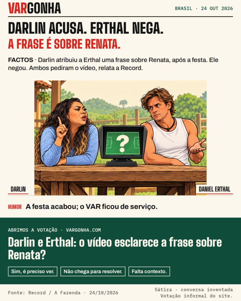 Caricaturas de Darlin e Daniel Erthal junto de um monitor VAR com ponto de interrogação; metáfora inventada da discussão sobre uma frase atribuída e negada, sem representar prova.