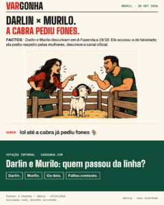 Cartoon satírico de Darlin e Murilo a discutir, com uma cabra a usar protetores auditivos inventados.