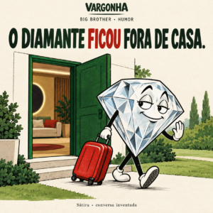 Cartoon inventado: um diamante com mala vermelha sai pela porta de uma casa.