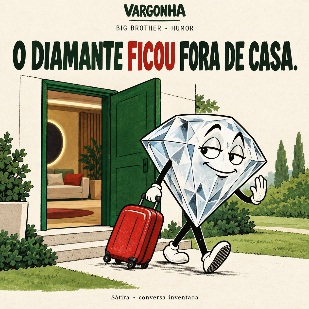 Cartoon inventado: um diamante com mala vermelha sai pela porta de uma casa.