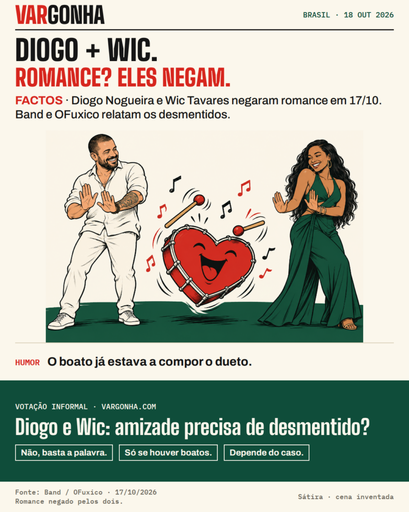 Cena inventada: Diogo Nogueira e Wic Tavares, separados, fazem sinal de parar a um tambor em forma de coração.