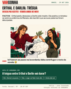 Cartoon de Daniel Erthal e Darlin Ferrattry com um ramo de oliveira, junto de uma máquina de lavar que lança um balão de fala amarrotado. Metáfora satírica da trégua, não uma cena real.
