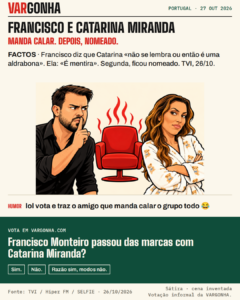 Cartoon de Francisco Monteiro, de barba e camisa preta, a fazer sinal de silêncio, e Catarina Miranda, de cabelo ondulado e robe branco com ursinhos, de braços cruzados; entre os dois, uma cadeira vermelha a fumegar. Metáfora desenhada; não é uma fotografia.
