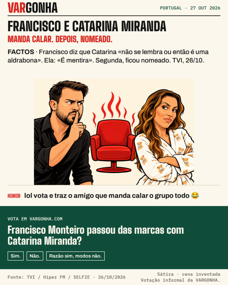 Cartoon de Francisco Monteiro, de barba e camisa preta, a fazer sinal de silêncio, e Catarina Miranda, de cabelo ondulado e robe branco com ursinhos, de braços cruzados; entre os dois, uma cadeira vermelha a fumegar. Metáfora desenhada; não é uma fotografia.