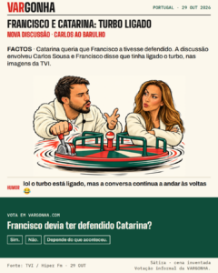 Cartoon de Francisco Monteiro e Catarina Miranda num carrossel com uma alavanca de turbo. Metáfora satírica da discussão, não uma cena real.
