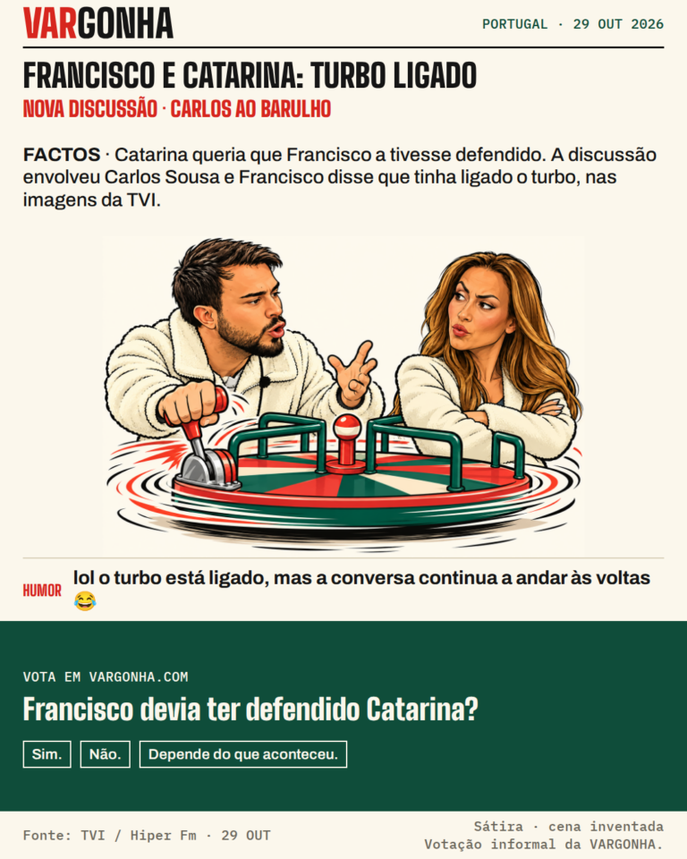 Cartoon de Francisco Monteiro e Catarina Miranda num carrossel com uma alavanca de turbo. Metáfora satírica da discussão, não uma cena real.