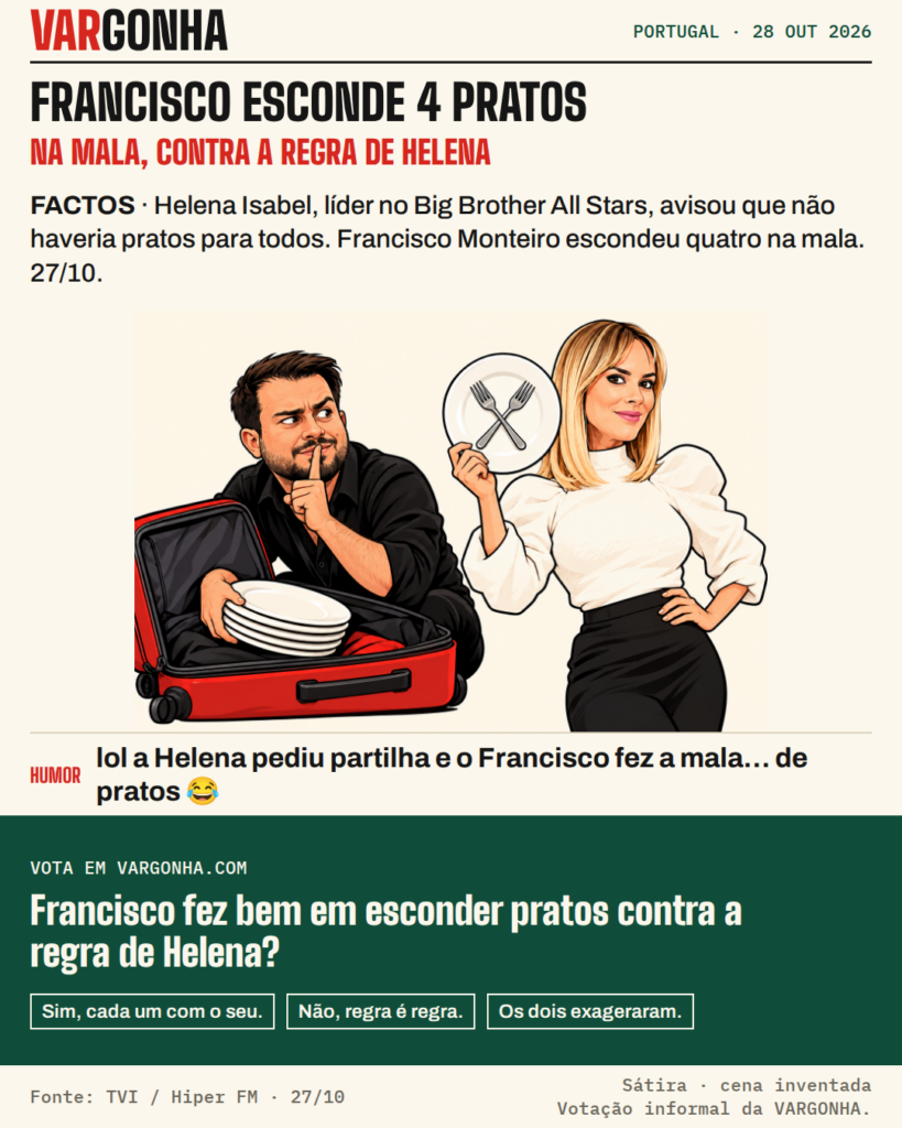 Cartoon de Francisco Monteiro, de barba e camisa preta, a guardar uma pilha de pratos brancos numa mala vermelha com o dedo nos lábios; ao lado, Helena Isabel, loira, mostra um único prato com dois garfos. Cena desenhada, não fotografia.