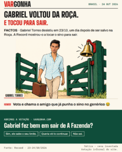 Caricatura de Gabriel Torres a sair por um portão com uma mala e um sino grande; metáfora desenhada da desistência, não fotografia nem cena real.