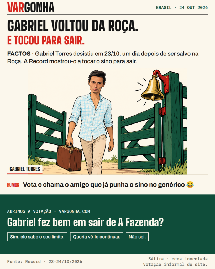 Caricatura de Gabriel Torres a sair por um portão com uma mala e um sino grande; metáfora desenhada da desistência, não fotografia nem cena real.