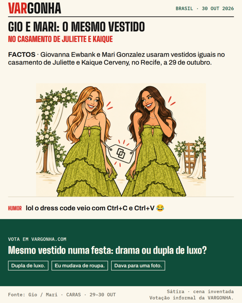 Cartoon satírico de Giovanna Ewbank e Mari Gonzalez em vestidos verdes iguais, unidos por uma etiqueta com símbolo de copiar. Cena inventada.