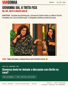 Cartoon de Giovanna Gold fora de uma porta com um microfone cujo cabo volta até Darlin Ferrattry. Cena inventada.