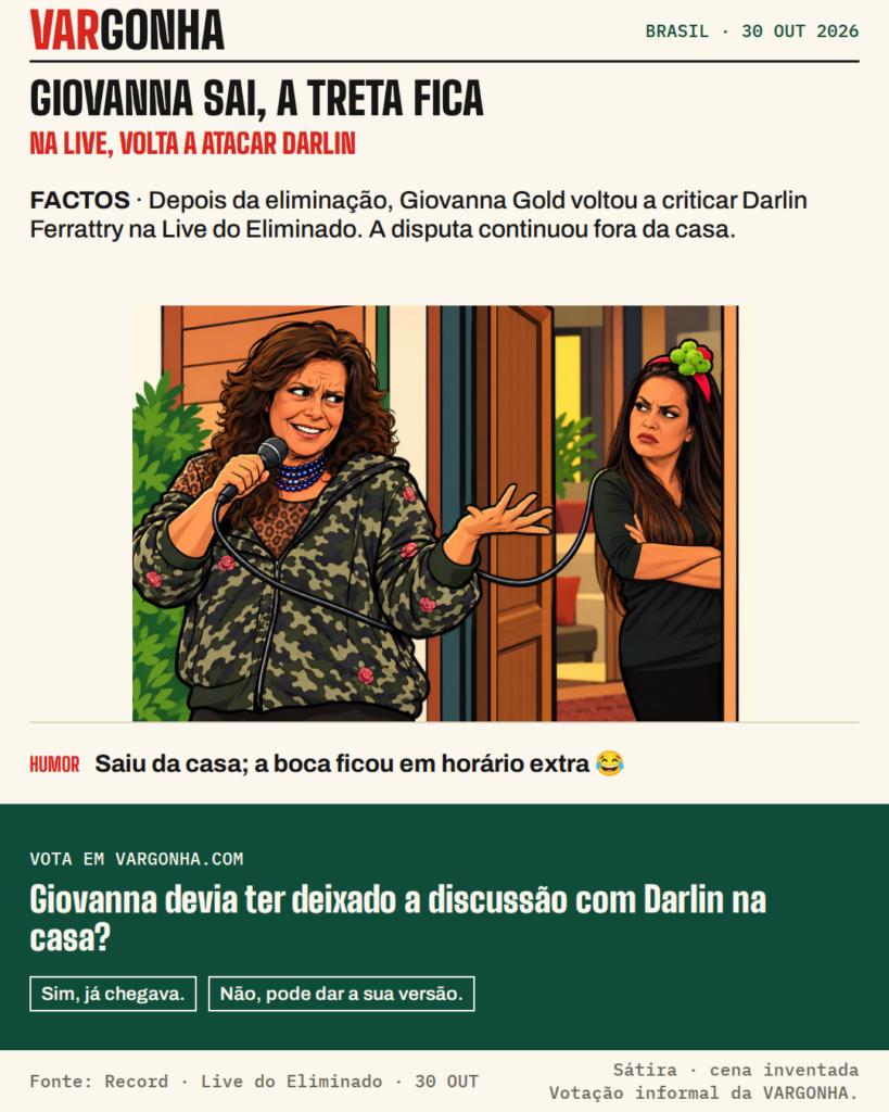 Cartoon de Giovanna Gold fora de uma porta com um microfone cujo cabo volta até Darlin Ferrattry. Cena inventada.