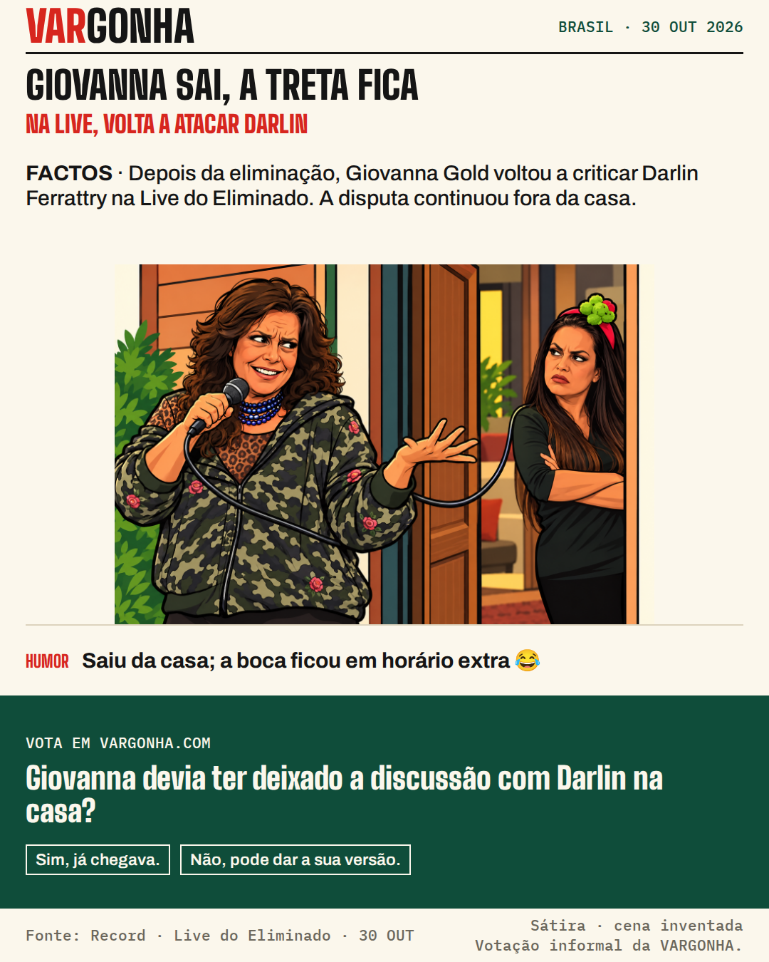 Cartoon de Giovanna Gold fora de uma porta com um microfone cujo cabo volta até Darlin Ferrattry. Cena inventada.