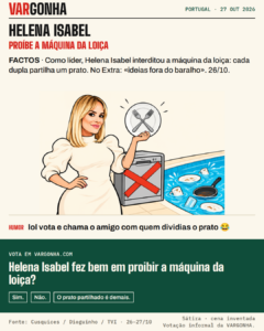 Cartoon de Helena Isabel, de cabelo loiro pelos ombros e vestido branco, a segurar um único prato com dois garfos cruzados ao lado de uma máquina da loiça selada com fita vermelha em X; na piscina ao lado flutuam pratos, canecas e uma frigideira. Metáfora desenhada; não é uma fotografia.