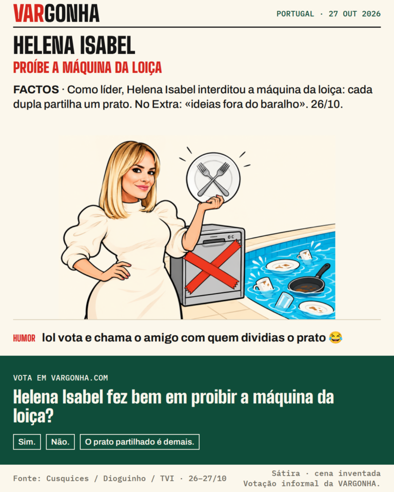 Cartoon de Helena Isabel, de cabelo loiro pelos ombros e vestido branco, a segurar um único prato com dois garfos cruzados ao lado de uma máquina da loiça selada com fita vermelha em X; na piscina ao lado flutuam pratos, canecas e uma frigideira. Metáfora desenhada; não é uma fotografia.