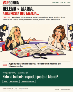 Cena satírica inventada: Helena Isabel e Maria Botelho Moniz perante um manual gigante de interpretação.