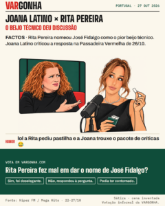 Cartoon de Rita Pereira ao microfone de podcast com uma caixa de pastilhas; ao lado, Joana Latino reage num ecrã de televisão. Montagem satírica desenhada, não um encontro real.