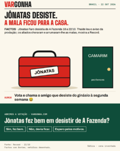 Desenho satírico de uma mala com a etiqueta Jônatas à porta do camarim, sem reproduzir cena real.