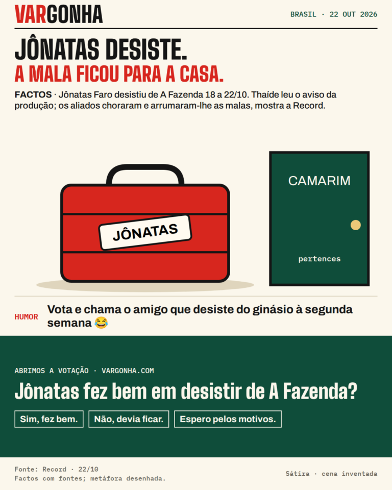Desenho satírico de uma mala com a etiqueta Jônatas à porta do camarim, sem reproduzir cena real.