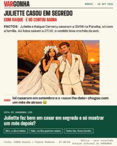 Cartoon de Juliette, de vestido de noiva branco de crochê e véu, e Kaique Cerveny, de fato de linho cru, frente a uma grande rocha do Lajedo de Pai Mateus ao pôr do sol; os dois fazem o gesto de segredo. Cena desenhada, não fotografia.