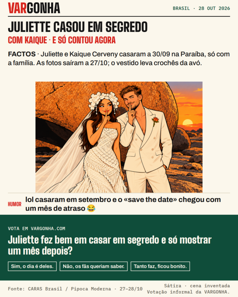 Cartoon de Juliette, de vestido de noiva branco de crochê e véu, e Kaique Cerveny, de fato de linho cru, frente a uma grande rocha do Lajedo de Pai Mateus ao pôr do sol; os dois fazem o gesto de segredo. Cena desenhada, não fotografia.