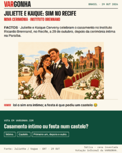 Cartoon satírico de Juliette e Kaique Cerveny em trajes de casamento junto de uma grande mesa e um castelo estilizado. Cena inventada.