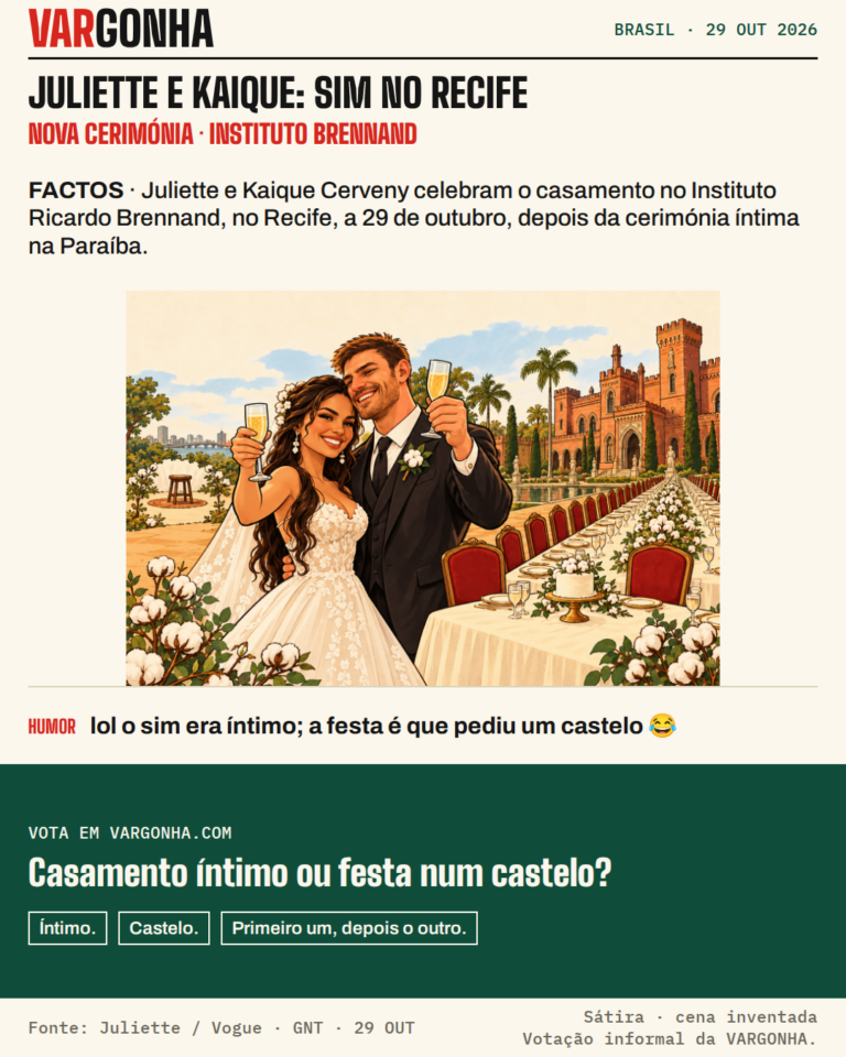 Cartoon satírico de Juliette e Kaique Cerveny em trajes de casamento junto de uma grande mesa e um castelo estilizado. Cena inventada.