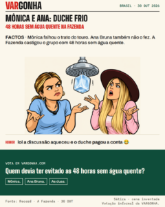 Mônica Fonseca e Ana Bruna Avila em cartoon com um cubo de gelo a sair do chuveiro. Metáfora satírica inventada.