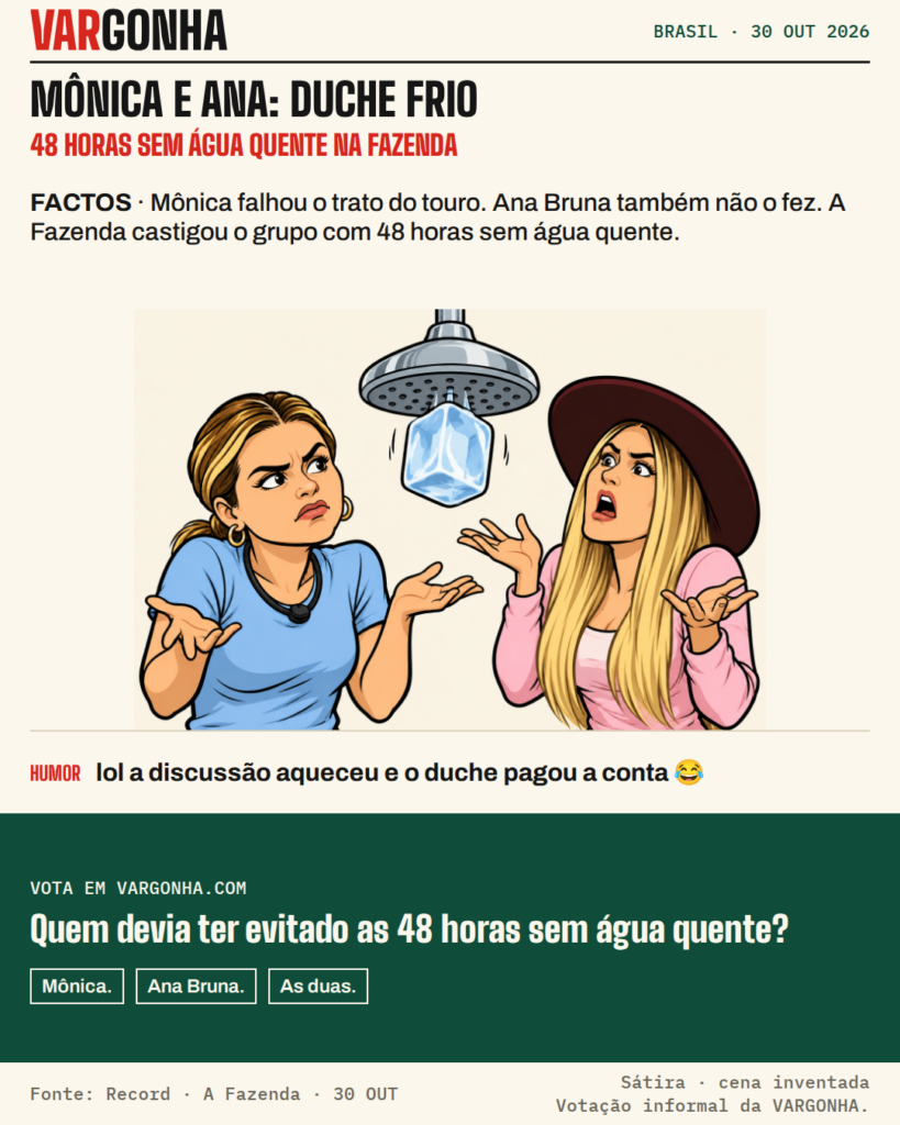 Mônica Fonseca e Ana Bruna Avila em cartoon com um cubo de gelo a sair do chuveiro. Metáfora satírica inventada.